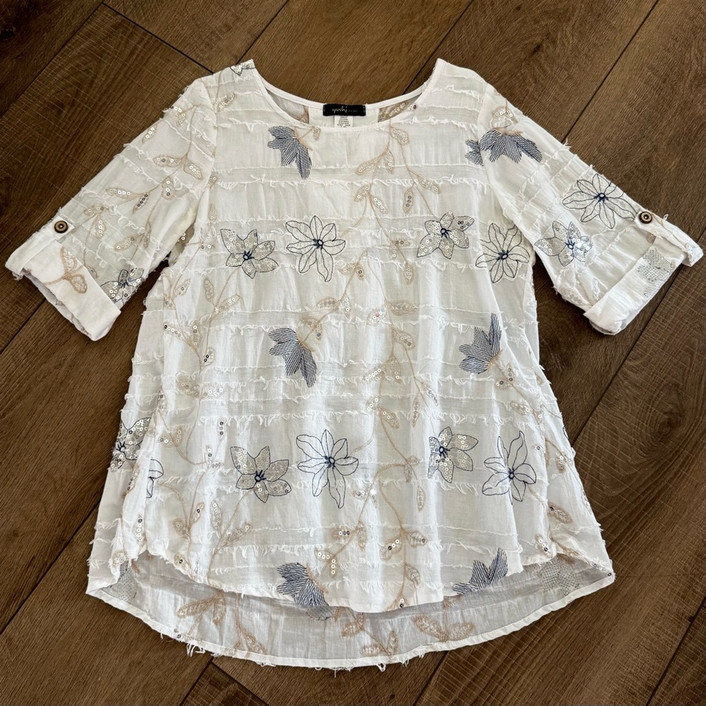Vintage Pastel Embroidered Floral Half Sleeve Top L Fringe Boho Whimsical Artsy
